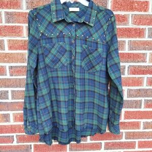 Light Flannel Plaid Studded Shirt. Raw Bottom Edge. NWOT